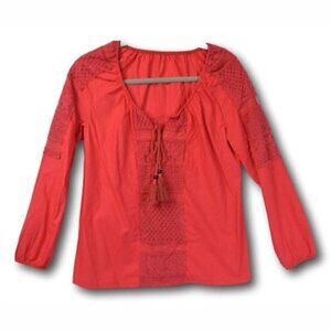 BOHO Red Embroiderd Tie Neck Blouse L